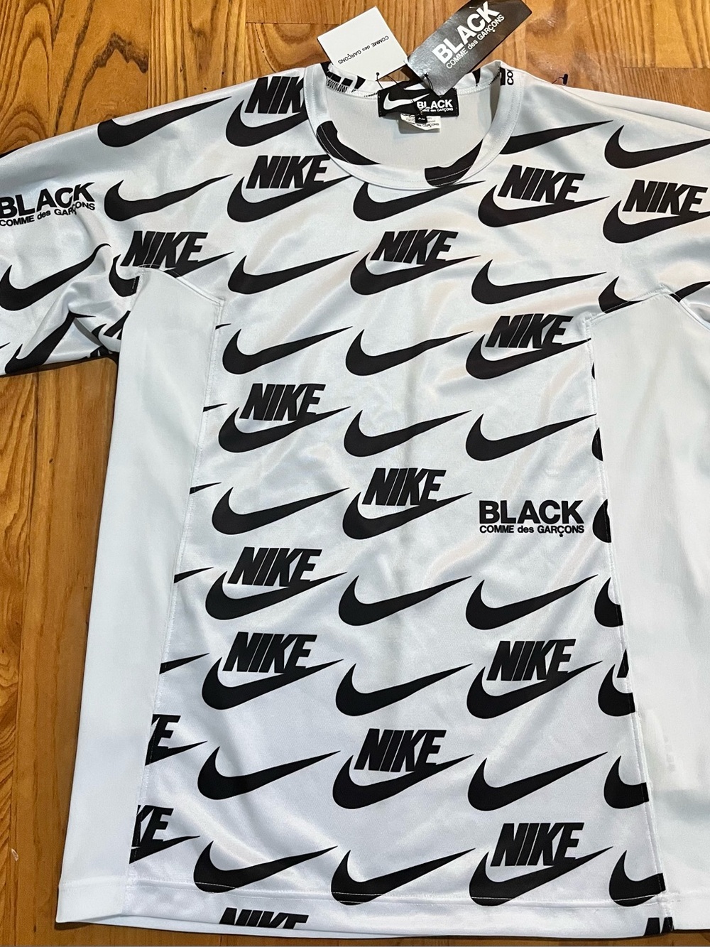 Comme des Garcons BLACK Men’s White Shirt with Black Nike Logo Print